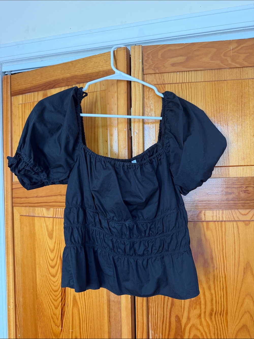 & Other Stories Black Puff-Sleeve Smocked Peplum Top